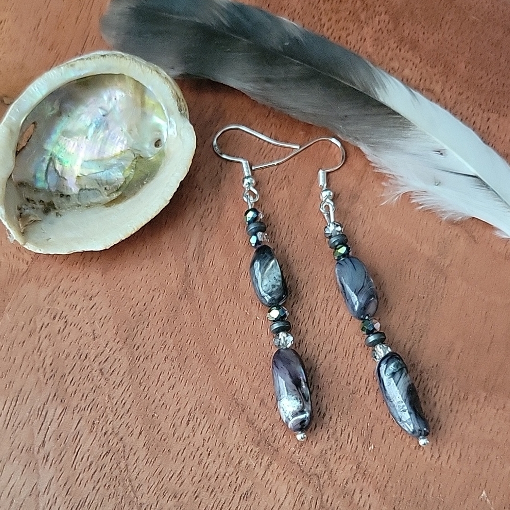 Grey Abalone & Hematite Dark Fairy Earrings Goth Whimsigoth Artsy Western Gift